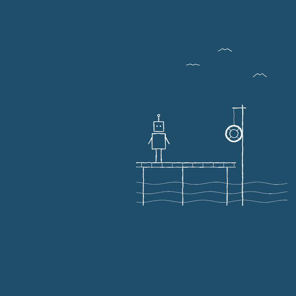 Ilustración animada de un pequeño robot que camina por un muelle hacia un salvavidas colgado de un poste; el salvavidas se balancea y lo atrapa justo antes de que pise el borde.