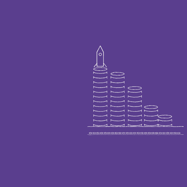 Ilustración animada de una columna de monedas que crece hasta ser un cohete y despega, mientras a su lado quedan montoncitos pequeños.
