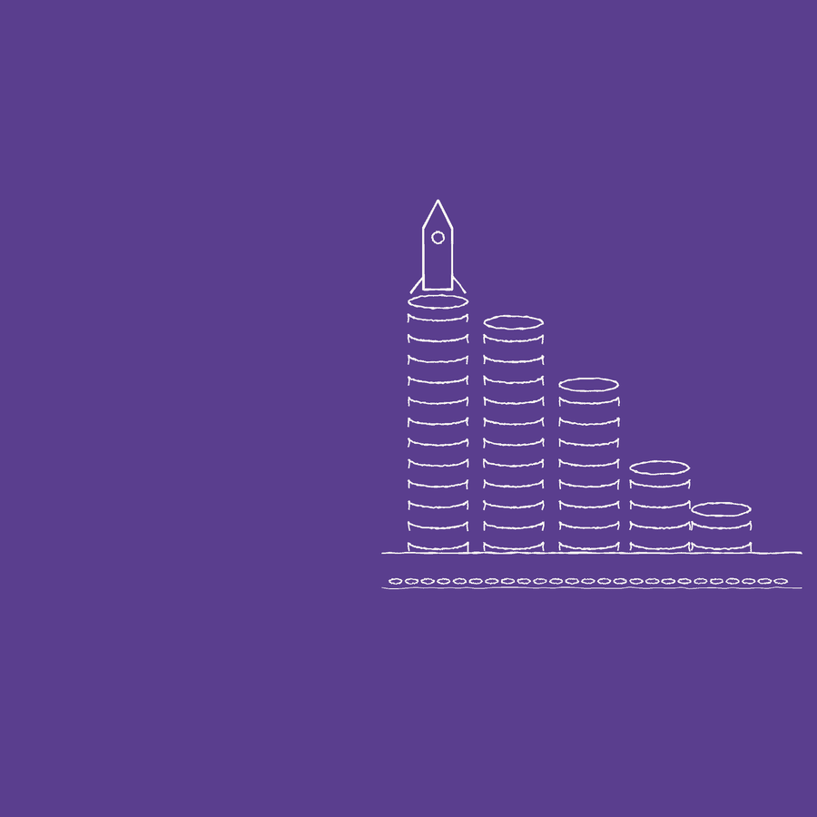 Ilustración animada de una columna de monedas que crece hasta ser un cohete y despega, mientras a su lado quedan montoncitos pequeños.